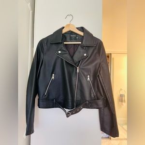Boohoo Faux Leather Moto Black Jacket with Buckle Size US10